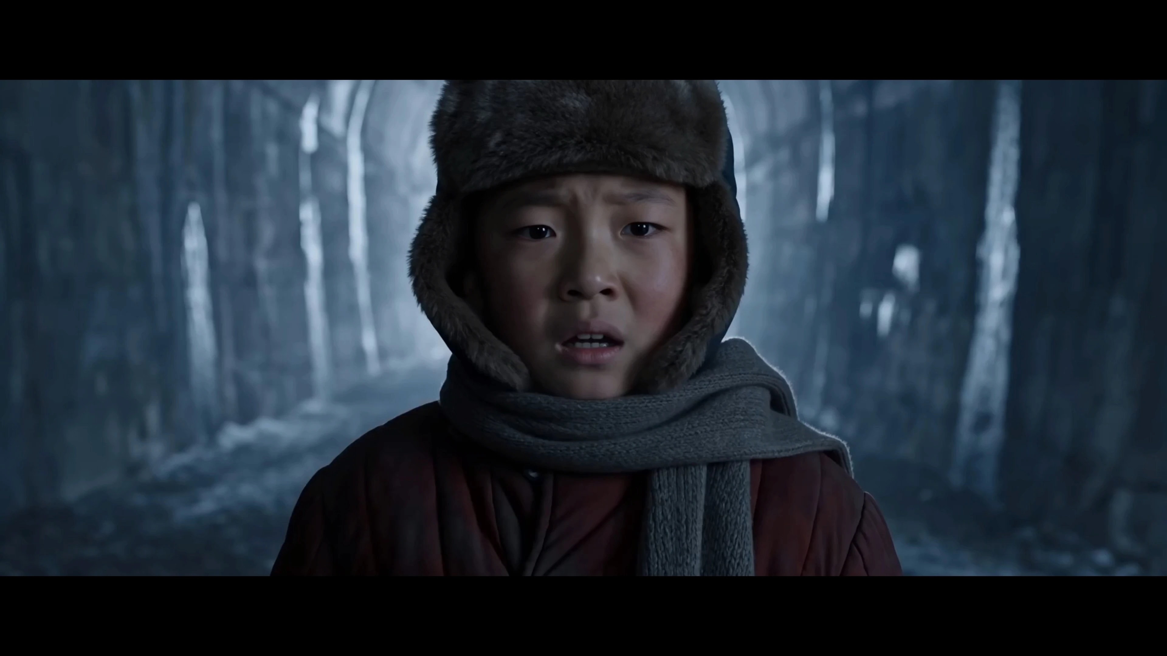 Original child portrait in a snowy forest before color grading.