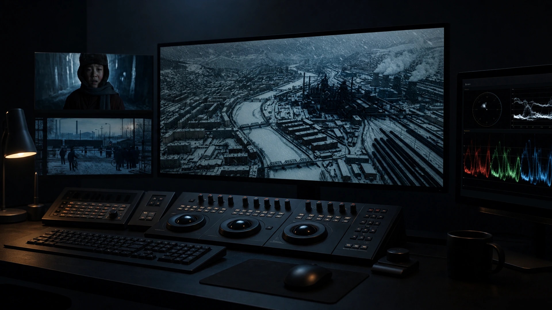 Professional DaVinci Resolve color grading workstation with winter industrial footage on monitors.